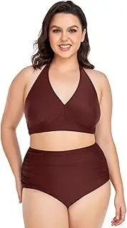 [Caihoyu] Big Size Women's Two-Piecing Swimming Costume Tummy Control Bathing Suits High Waisted Bikini Swimwear Burgundy Solid Color