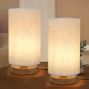 Set (2) Wood Base Table Lamps Canvas Shade Warm Light Ambient Soft Light Lamps