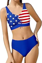 [DONWEN] Girls Swimsuits Bathing Suit 3 Piece Tropical Print Bikini Set with Drawstring Cover Up 7-14T
