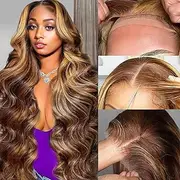 81.3 cm Highlight Ombre Lace Front Wig Real Hair 200% Density Brown Highlighted Wig Real Hair 7 x 5 Highlight Wigs Real Hair Glueless Wear and Go Pre-Plucked with Baby Hair Highlight Wig