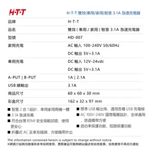 HTT 雙效智慧3.1A急速充電器(車用+旅充) 顏色隨機 HD-007