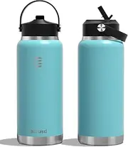 [Berusd] 1L Insulated Water Bottle, Leak Proof Straw Lid, Stainless Steel Vacuum Insulated Water Bottle, Wide Mouth Bottle with Flex Cap, Double Walled Travel Cup Thermo Bottle Mug Drink Flasks, Azure