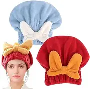 Microfibre Hair Towel Wrap，2PCS Super Absorbent Twist Turban for Women, Bow-Knot Button-Free Coral Fleece Fast Drying Hair Caps for Drying Curly, Long & Thick Hair Anti Frizz (Light Blue&Wine Red)