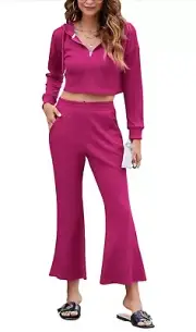 Fixmatti Women 2 Piece Outfits 1/4 Zipper Hoodie Crop Top Matching Flared Pants