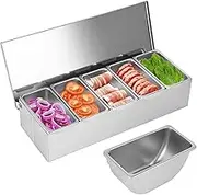 BDZBREN 4 Compartment Trays, Stainless Steel Detachable Topping Station with lid Pizza Ingredients Condiment Dispenser Reusable Ice Cooled Condiment Seasoning Container (Small-4 Grids)