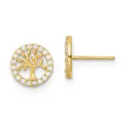 14k Gold Madi K Polished White CZ Tree of Life Post Earrings 0.3"