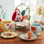 Pioneer Woman Floral Medley Mugs Appetizer Plates & Rack 9Pc Set Ceramic Cups