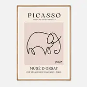 Galrie Picasso Minimalist Elephant Art Print - Iconic Line Drawing for Home Decor, Wood Frame, 50 x 70cm (20 x 28inch)