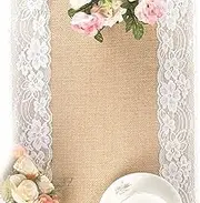 Tebery 2 Pack Lace Natural Jute Burlap Hessian Table Runner, Country Outdoor Wedding Party and Farmhouse Decoration-12" x 108"