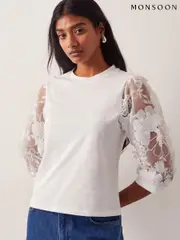 Monsoon Natural Fi Floral Print Sheer-Sleeve Top (H17373) | $104