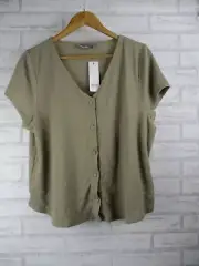 Sussan womens top blouse green L bnwt v-neck short sleeve