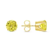 3 Ct Round Cut Canary Earrings Crown Set Studs Solid 14K Yellow Gold Push Back