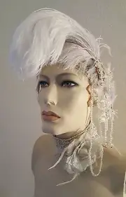 Victorian White Silver Feather Lace Bridal Wedding Headpiece & Choker Flapper