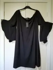Autograph 24 BLACK OFF THE SHOULDER fluted BELL sleeve winter party DRESS NEW