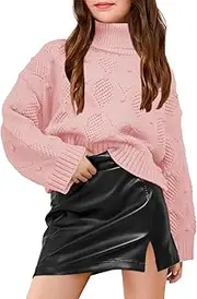 [Haloumoning] Girls Turtleneck Sweaters Kids Long Batwing Sleeve Chunky Knit Pullover Jumper 5-14 Years