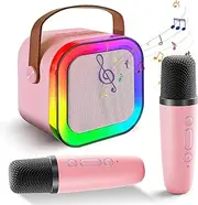 FCZMO，Mini Karaoke Machine with 2 Wireless Microphones for Kids and Adults, Portable Bluetooth Speaker Toys for Girls and Boys 4 5 6 7 8 9 10 12 Years, Christmas Birthday Gift, Home Party Ideas(Pink)
