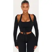 Shape Black Active Layered Long Sleeve Under Bust Support Strap Padded Top, Black