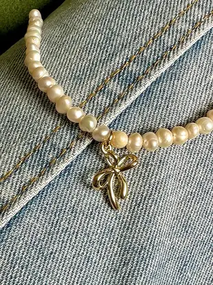 Necklace Pearl Petite • Handmade Gold Pearl Chain • Tiny Bow Ribbon Pendant