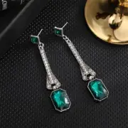 Art Deco Geometric Large Drop Earrings Emerald Crystal Vintage Style
