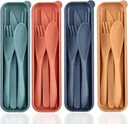 Reusable Utensils Set with Case, 4 Sets Wheat Straw Travel Cutlery Set, Portable Spoon Knife Fork Chopsticks Lunch Box Utensil Set