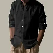 Men's Linen Shirt Black White Light Blue Long Sleeve Plain Grandad Collar Vacation Hawaiian Button Up Clothing Apparel Casual Fashion