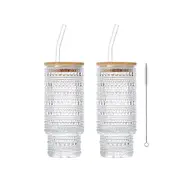 2Pcs Vintage Hobnail Drinking Glasses Embossed Water Tumbler with Straws and Lids-Style 3