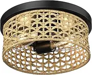 EMLIVIAR Ceiling Light Fixture, 2-Light Rattan Light Fixtures Ceiling Mount, Ceiling Lights for Bedroom Dining Room Foyer Kitchen Hallway, AUJF42F BK