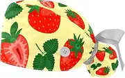 [WOSHJIUK] Working Hat 2 Pack Scrub Caps for Women,Strawberries and Leaves,Tie Back Cap Adjustable Scrub Hat