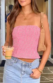 Paisley Red Gingham Strapless Top