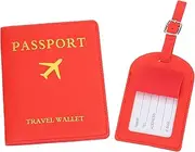 [uxcell] Passport Holder with Luggage Tag, Set of Leather Travel Passport Cover Wallet with Suitcase Tag Travel Accessories for Men Women Airplane, Red