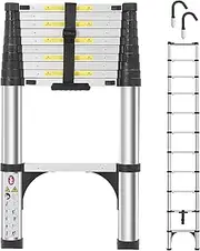[DEZEX] Telescoping Ladders 10.5 FT Aluminum Ladder - One-Button Retraction Collapsible Extension Ladder for Home,RV,Attic & Loft, Lasts 330 LBS with 2 Triangle Stabilizers and 2 Detachable Hooks