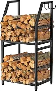 Firewood Rack for Indoor, 2-Tier Firewood Holder with 3 Hanging Hooks, Heavy Duty Wood Rack for Outdoor Patio, Black