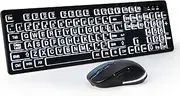 Wireless Keyboard and Mouse - Large Print Wireless Keyboard, BERGUF 2.4G Full Size Keyboard and Mouse Set with Big Letters and Backlight Key for Seniors, Compatible for Windows, Laptop, PC, Black