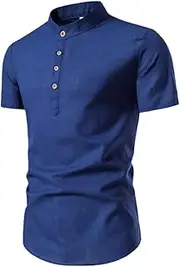 [TONGUC] Spring and Summer New Men's Fashion Slim Fit Solid Short Sleeve Shirt Business Standing Collar Cotton Hemp Half Open Men's Shirt Navy Blue