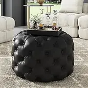 Round Leather Ottoman Button Tufted