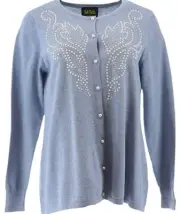 Bob Mackie Scroll Design Pearl Embellished Cardigan Light Blue M NEW A344976