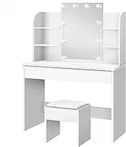 ALFORDSON LED Dressing Table with Vanity Stool & Mirror White Color, Makeup Desk Chair Set with 10 Bulbs Adjustable Brightness Light, Bedroom Dresser Table Storage Organiser