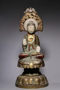 在飛比找Yahoo!奇摩拍賣優惠-唐銅鎏金嵌玉石釋迦牟尼佛坐像