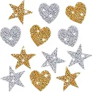 12pcs Star and Love Patches, Gold Silver Iron on Star Patches Glittering Shiny Star and Love Iron on Patches Rhinestone Iron on Patches