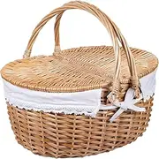 Picnic Basket Large Wicker Basket with Double Folding Handles and Lids Empty Wicker Hamper with Removable Liner Rustic Woven for Picnic Snack Fruits Easter Eggs Candy Style1, Pi