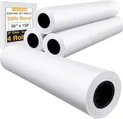 VOISEN 4 ROLLS Plotter Paper,CAD Bond Rolls 35in*150ft,20lb,Bond Paper on 2" Core for CAD Printing on Wide Format Ink Jet Printers