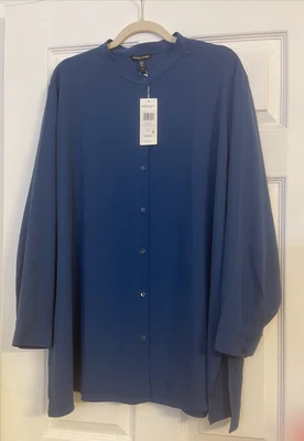NWT $278 Eileen Fisher Atlantic Silk Georgette Crepe Mandarin Collar Shirt 1X