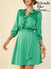 Friends Like These Green Satin Frill 3/4 Sleeve Mini Dress (AP6351) | $99