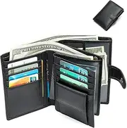 Wallet Men's Genuine Leather RFID Blocking Slim Tri-Fold Wallet with Coin Purse 12 Credit Cards ID Window Simple Wallet with Gift Box,Black