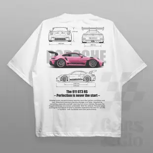 PORSCHE 汽車和 Clo 常規版型白色保時捷 911 GT3 RS 粉色藍圖 T 恤