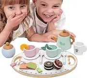 Toddler Tea Set, Play Tea Toys, Wood Little Girls Playset Pretend Food Kitchen Accessories for Toddler Boys Kids Aged 3-5
