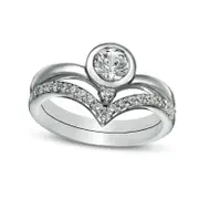 5.0mm Lab-Created White Sapphire and 0.25 CT. T.W. Diamond Chevron Bridal Engagement Ring Set in Sterling Silver