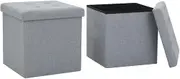 Light Grey Faux Linen Folding Storage Ottoman Stools Set of 2 - Button Tufted, Easy Clean, Folding Storage for Living Room, Bedroom - 38x38x38 cm