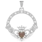 Smoky Quartz Diamond Claddagh Pendant In 14k Solid Gold