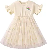 [POZAMA] Little Girls Short Sleeve Dresses Easter Summer Cotton Casual Party Yellow Tutu Dress Yellow 1-2Years